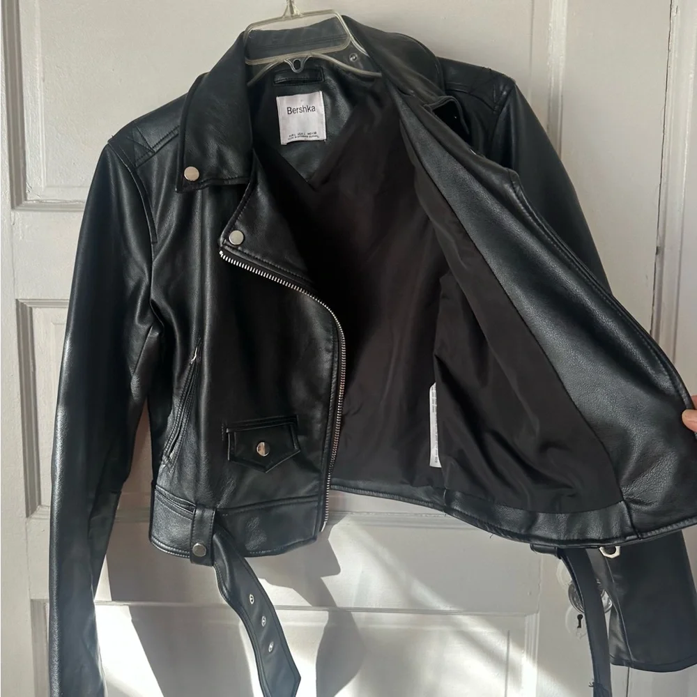 Bershka Black Faux Leather Biker Moto Jacket‎ Full Zip Grunge Lg NWOT - Picture 8 of 15